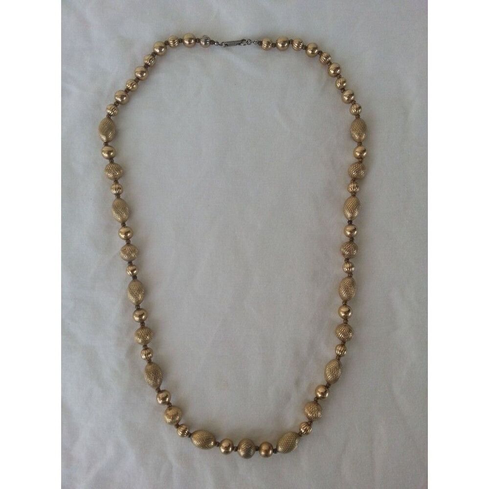 Vintage DAUPLAISE Goldtone Etched Diamond Beads Beaded Necklace